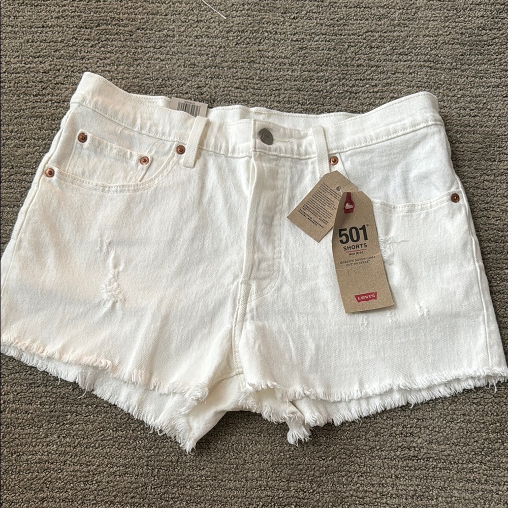 Levi's White Jean Shorts Distressed Hem Textured Denim